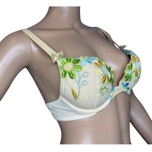 Y2K 2001 Victorias Secret Yellow Floral Embroidered Push-Up Bra 34A Adjustable S